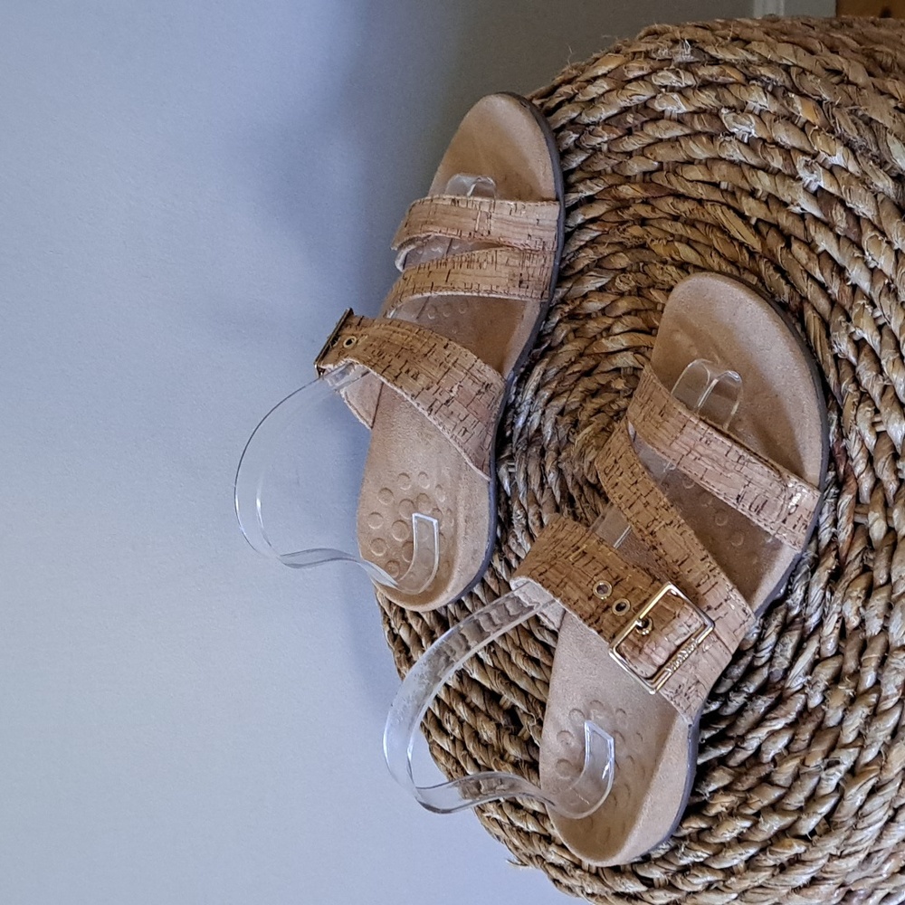 Vionic Womens Tan Cork Print Leather‎ Orthopedic Slide Sandals Triple Strap S-8